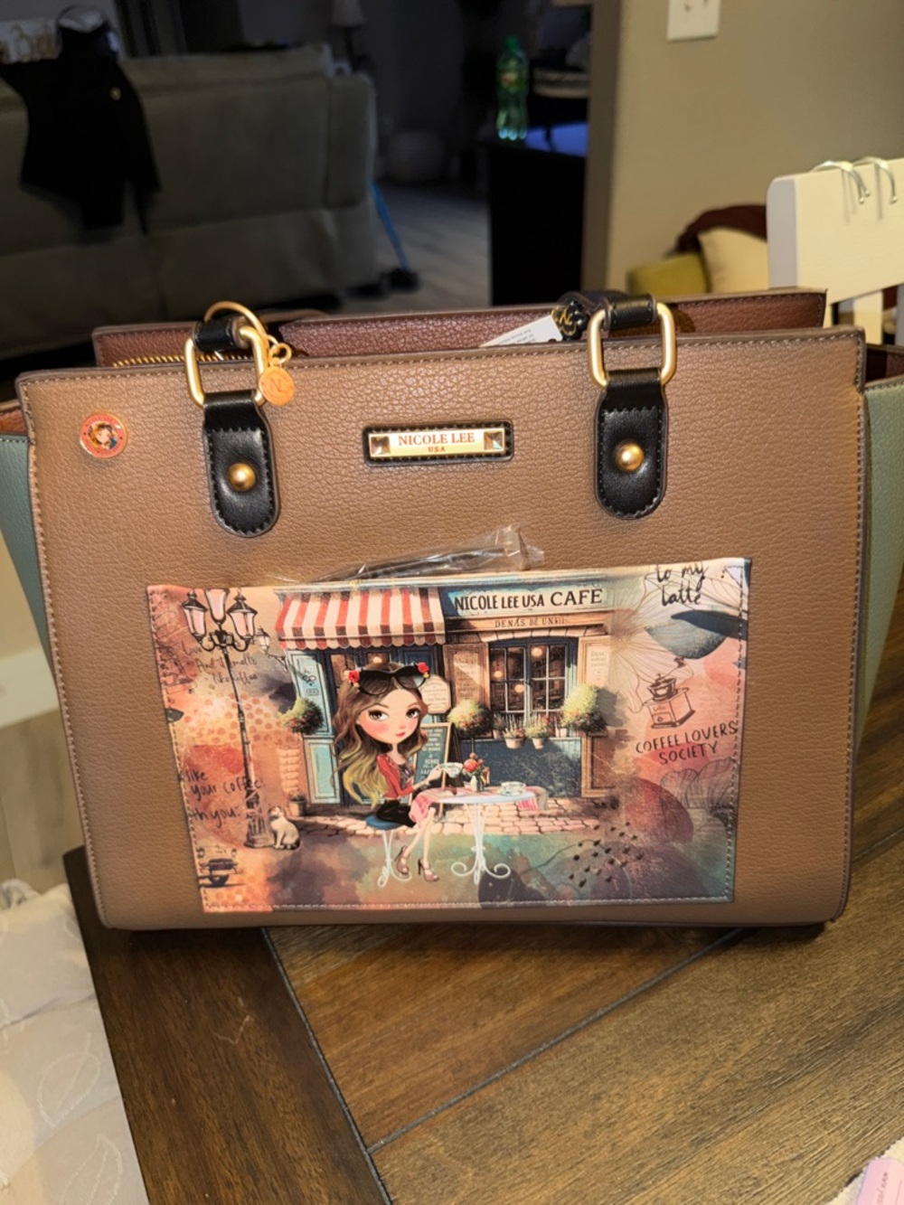 Nicole Lee Brown Tote with Café Front Illustration